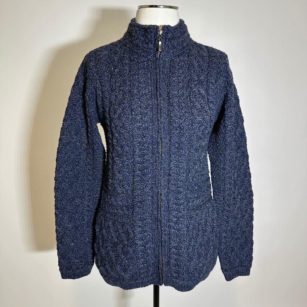 Inis Crafts Merino Wool Cable Knit Cardigan Sweater Womens Small Ireland Navy